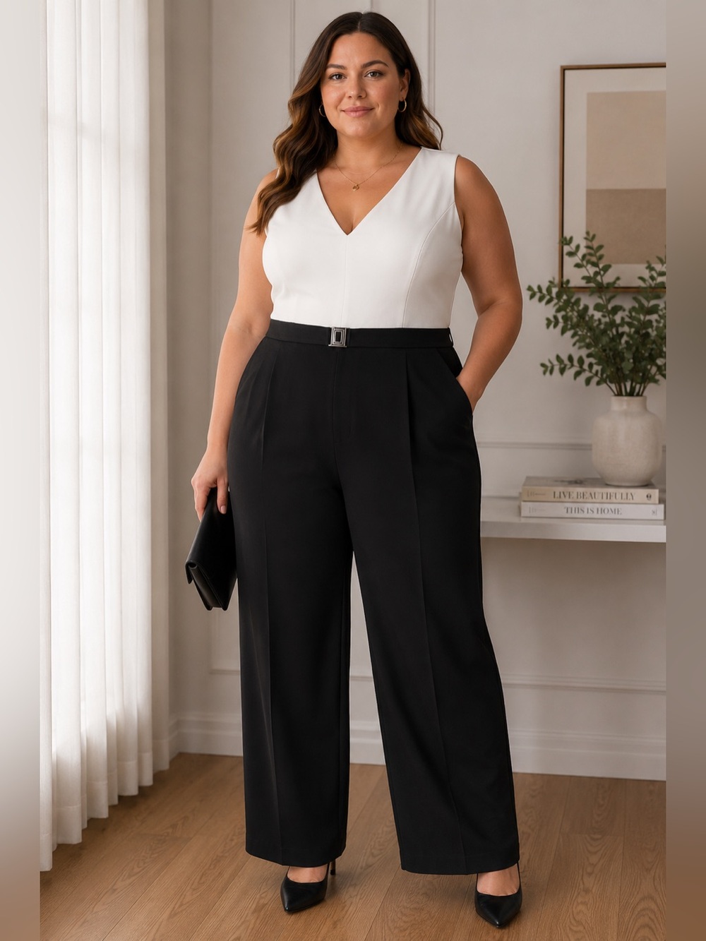 Karl Lagerfeld Two-Tone V-Neck Sleeveless Jumpsuit in White and Black